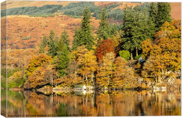Autumn Colours reflected on Loch Ard in The Trossachs National Park, Scotland Canvas Print by Richard Newton