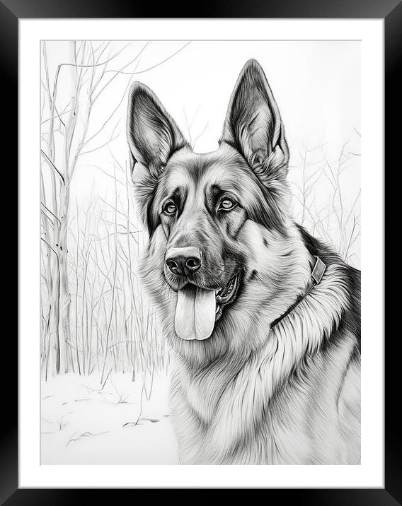 German Shepherd Dog Pencil Drawing Framed Mounted Print by K9 Art