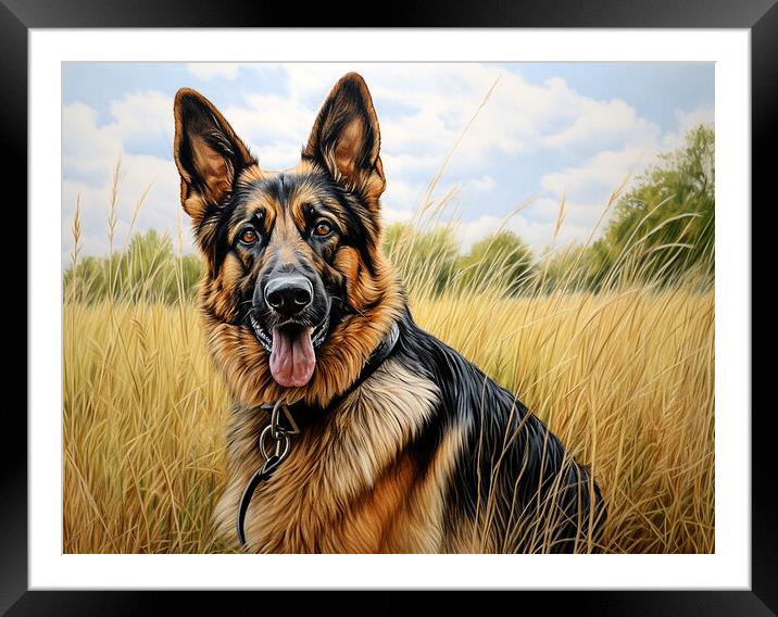 German Shepherd Dog Pencil Drawing Framed Mounted Print by K9 Art