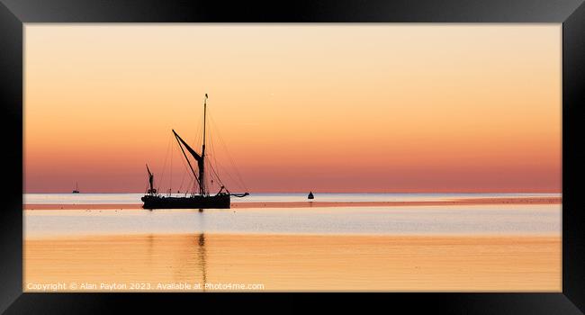 Barge in calm waters Framed Print by Alan Payton