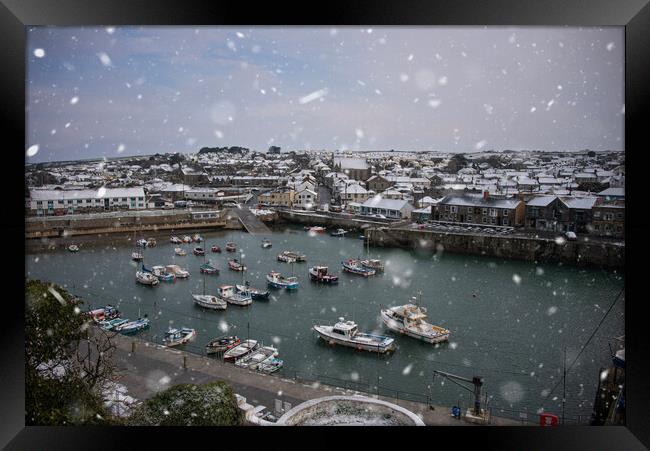 Porthleven Cornwall in the snow  Framed Print by kathy white