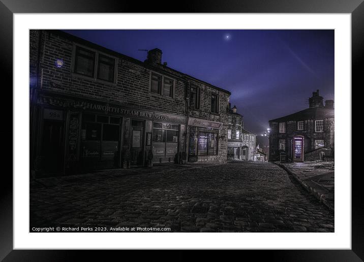 Haworth Brew Shop in the Moonlight Framed Mounted Print by Richard Perks