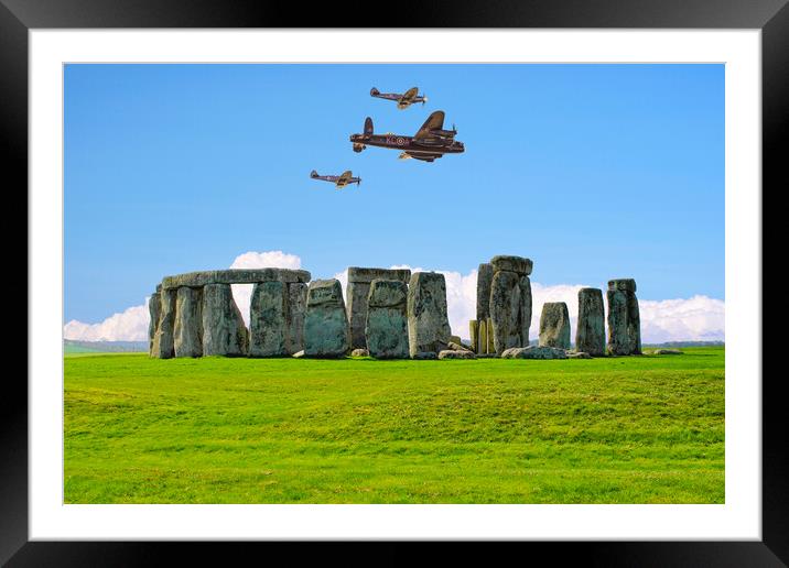 Stonehenge Spitfires and Lancaster Bomber Flypast Framed Mounted Print by Alison Chambers