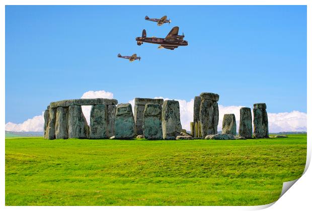 Stonehenge Spitfires and Lancaster Bomber Flypast Print by Alison Chambers