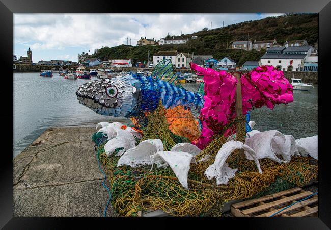 Porthleven Harbour, Fish made of Plastic from the ocean Framed Print by kathy white
