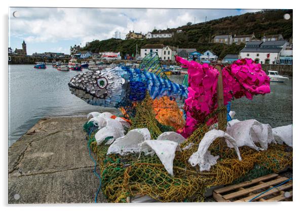 Porthleven Harbour, Fish made of Plastic from the ocean Acrylic by kathy white
