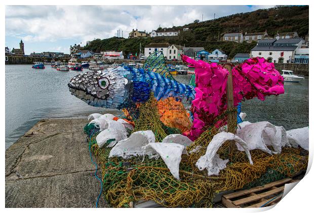 Porthleven Harbour, Fish made of Plastic from the ocean Print by kathy white