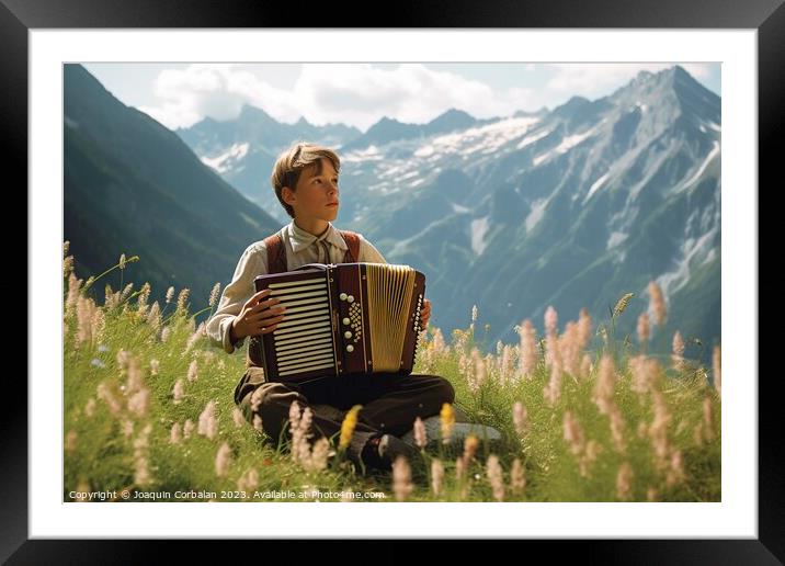 A young boy plays the traditional accordion in Tyr Framed Mounted Print by Joaquin Corbalan