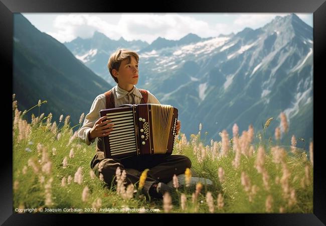 A young boy plays the traditional accordion in Tyr Framed Print by Joaquin Corbalan