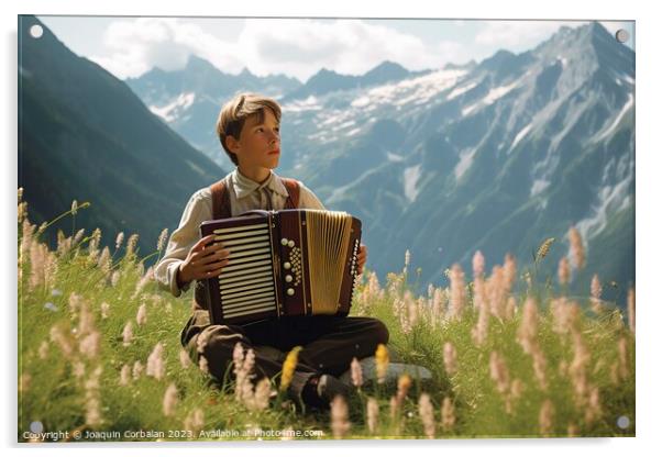 A young boy plays the traditional accordion in Tyr Acrylic by Joaquin Corbalan