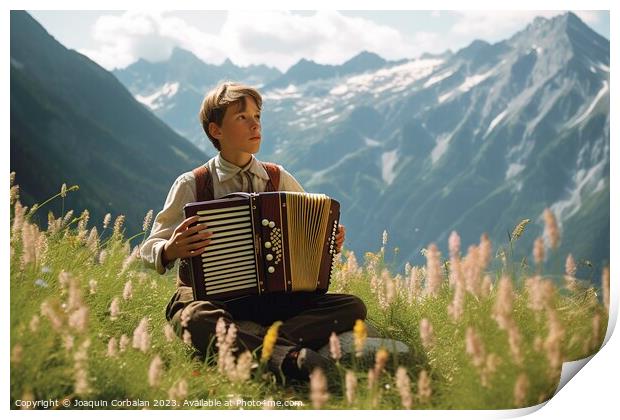 A young boy plays the traditional accordion in Tyr Print by Joaquin Corbalan