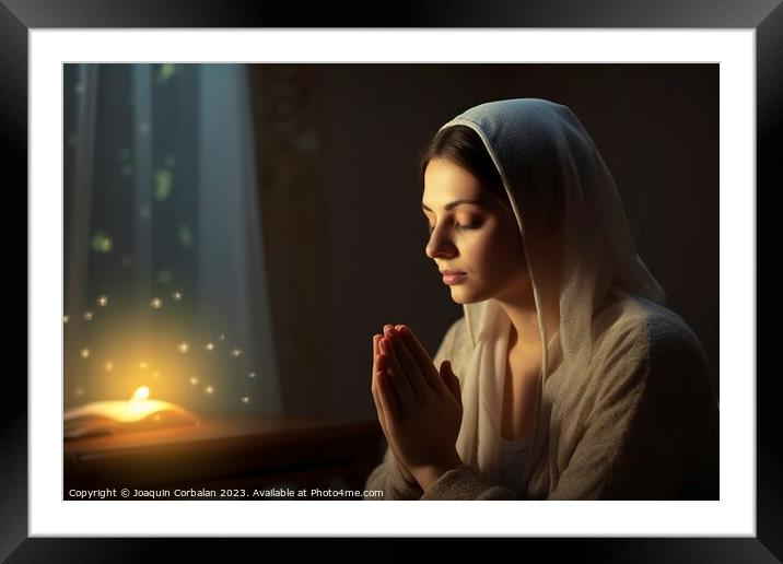 Beautiful young Muslim woman prays prostrate with  Framed Mounted Print by Joaquin Corbalan