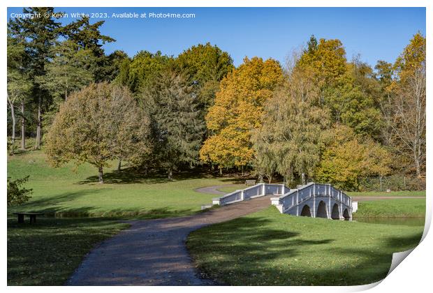 Five arch bridge at Painshill gardens in autumn Print by Kevin White
