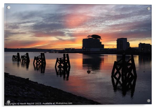 Cardiff Bay Winter Sunset One Acrylic by Kevin Round