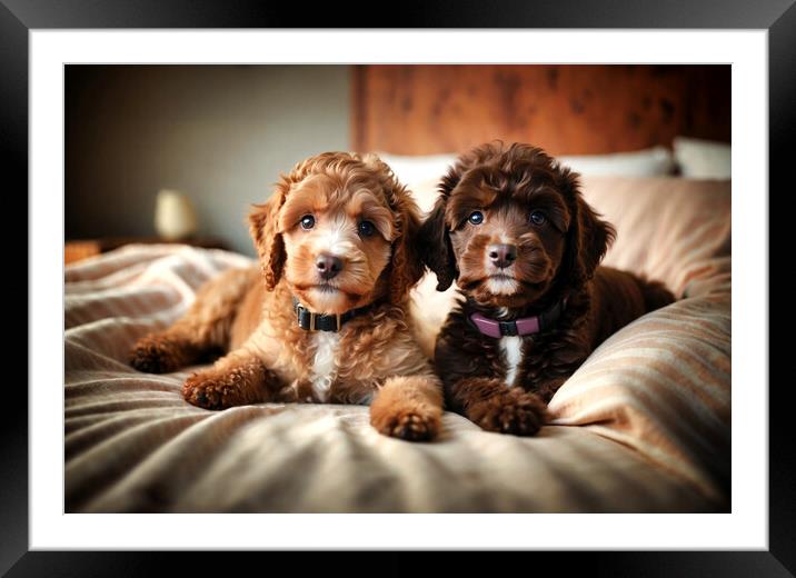 Two adorable brown poodle puppies on top of fluffy bed Framed Mounted Print by Guido Parmiggiani