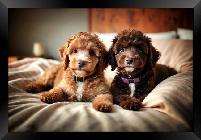 Two adorable brown poodle puppies on top of fluffy bed Framed Print by Guido Parmiggiani