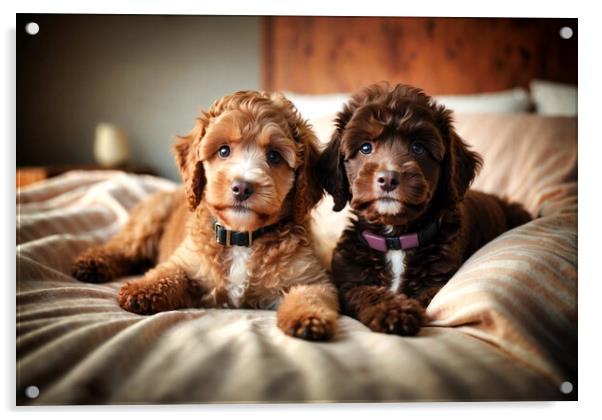 Two adorable brown poodle puppies on top of fluffy bed Acrylic by Guido Parmiggiani