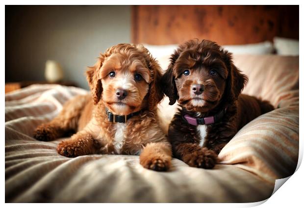 Two adorable brown poodle puppies on top of fluffy bed Print by Guido Parmiggiani
