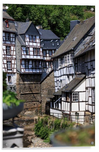 Medieval fachwerk houses in Monschau Old town, Ger Acrylic by Olga Peddi