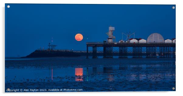 Red moonrise at Herne Bay pier Acrylic by Alan Payton
