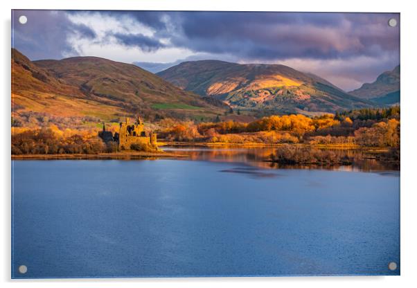 The ruin of Kilchurn Castle, Highland mountains and Loch Awe. Acrylic by Andrea Obzerova