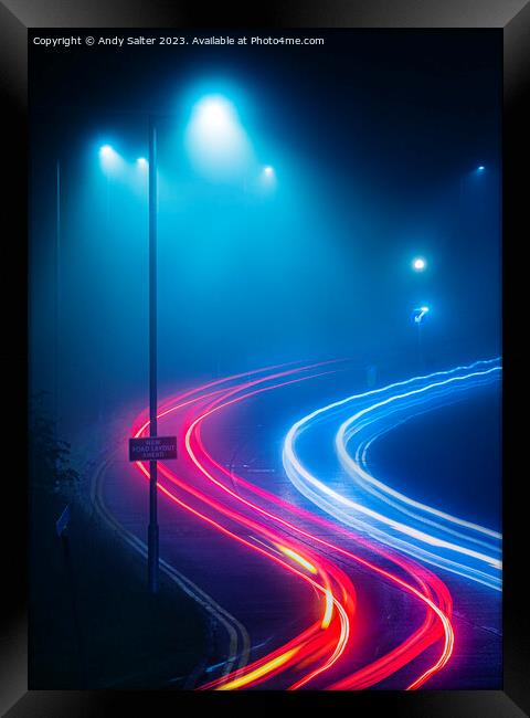 Light Trails in The Fog Framed Print by Andy Salter