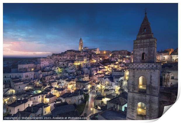 Blue hour over the Sassi of Matera. Italy Print by Stefano Orazzini