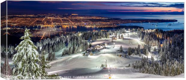Snowy Grouse Mountain View of Vancouver City at night Canvas Print by Pierre Leclerc Photography
