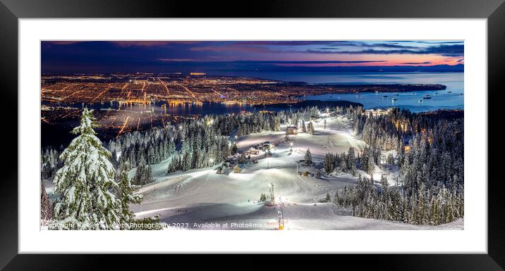 Snowy Grouse Mountain View of Vancouver City at night Framed Mounted Print by Pierre Leclerc Photography