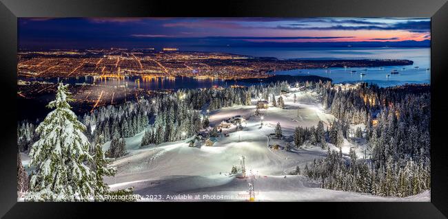 Snowy Grouse Mountain View of Vancouver City at night Framed Print by Pierre Leclerc Photography
