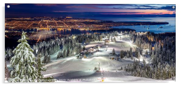 Snowy Grouse Mountain View of Vancouver City at night Acrylic by Pierre Leclerc Photography