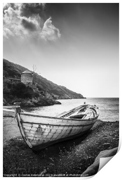 Abandoned Boat by the Greek Seaside Print by Costas Kalamaras