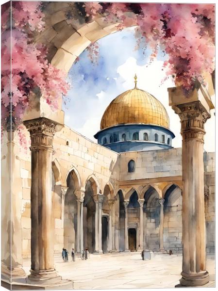 AlAqsa arch cradled in bougainvillae Canvas Print by Zahra Majid