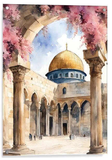 AlAqsa arch cradled in bougainvillae Acrylic by Zahra Majid
