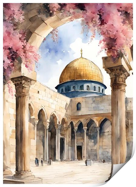 AlAqsa arch cradled in bougainvillae Print by Zahra Majid