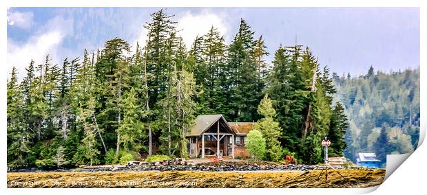 Cabin on Shore of Fir Covered Island Print by Darryl Brooks