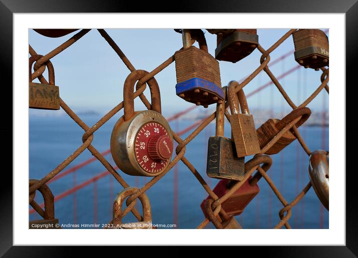 Love padlock at Battery Spencer above the Golden Gate Bridge Framed Mounted Print by Andreas Himmler