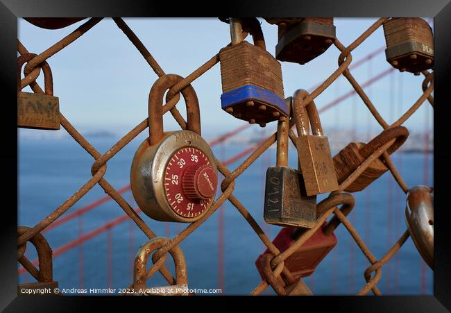 Love padlock at Battery Spencer above the Golden Gate Bridge Framed Print by Andreas Himmler