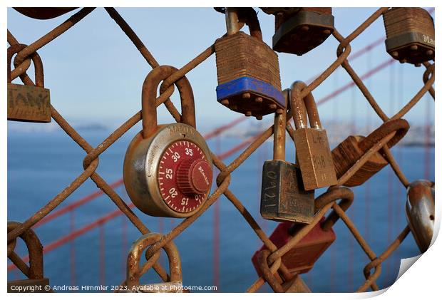 Love padlock at Battery Spencer above the Golden Gate Bridge Print by Andreas Himmler