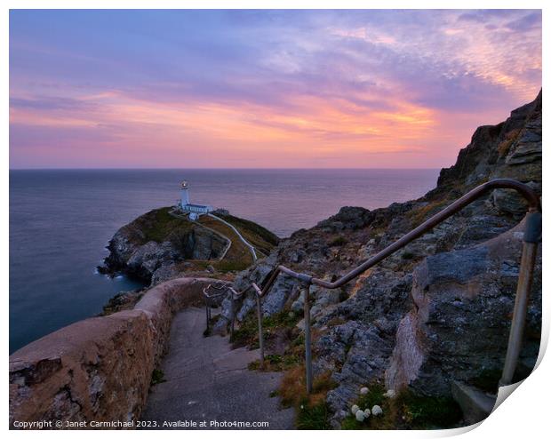 Gentle Sunset Colours over South Stack Lighthouse Print by Janet Carmichael
