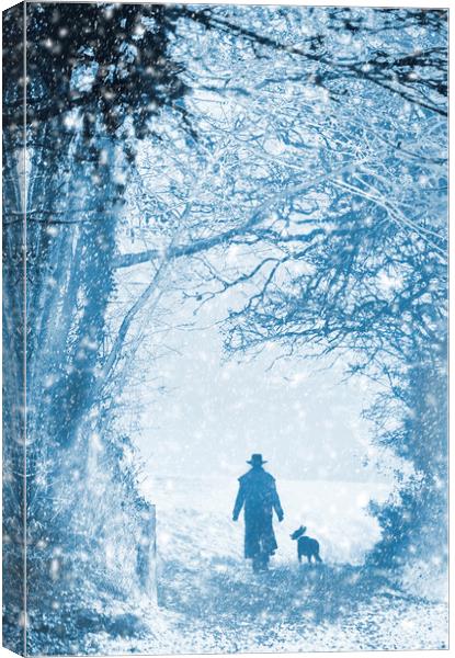 Shepherd and dog in the snow Canvas Print by Maggie McCall