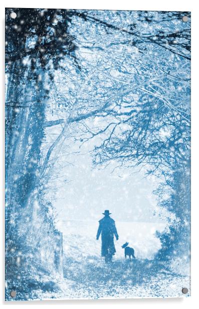 Shepherd and dog in the snow Acrylic by Maggie McCall