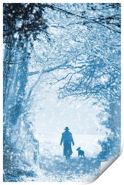 Shepherd and dog in the snow Print by Maggie McCall