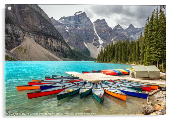Red Canoe Moraine Lake Blue Water Acrylic by Pierre Leclerc Photography