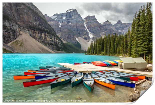 Red Canoe Moraine Lake Blue Water Print by Pierre Leclerc Photography