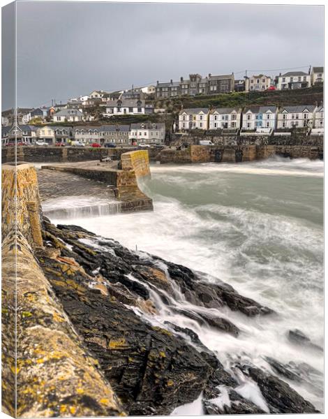 Porthleven Harbour, Cornwall storm force Canvas Print by kathy white