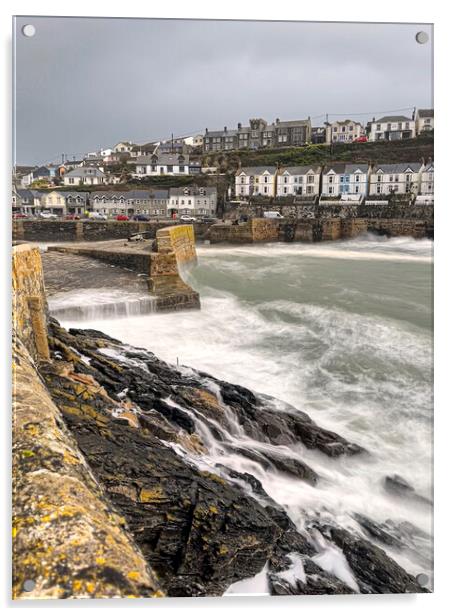 Porthleven Harbour, Cornwall storm force Acrylic by kathy white