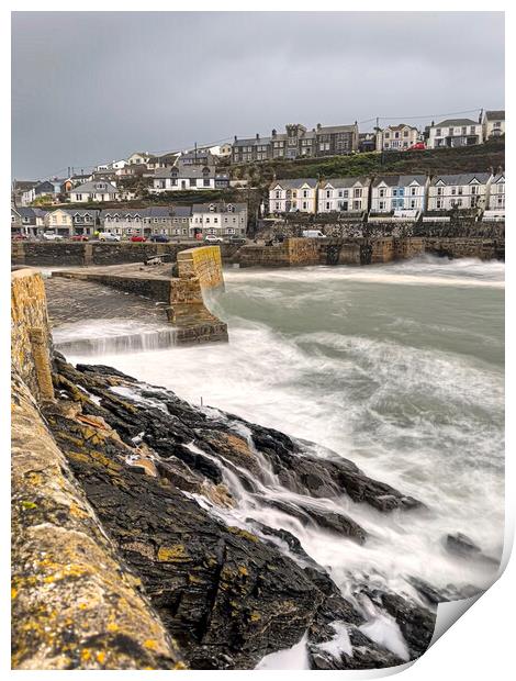 Porthleven Harbour, Cornwall storm force Print by kathy white