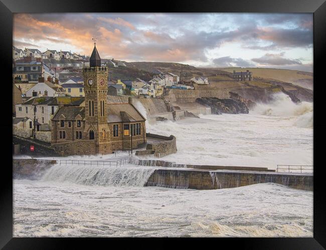 Porthleven  stormy sea,storm force ,Cornwall Framed Print by kathy white