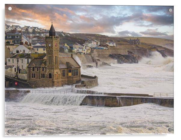 Porthleven  stormy sea,storm force ,Cornwall Acrylic by kathy white